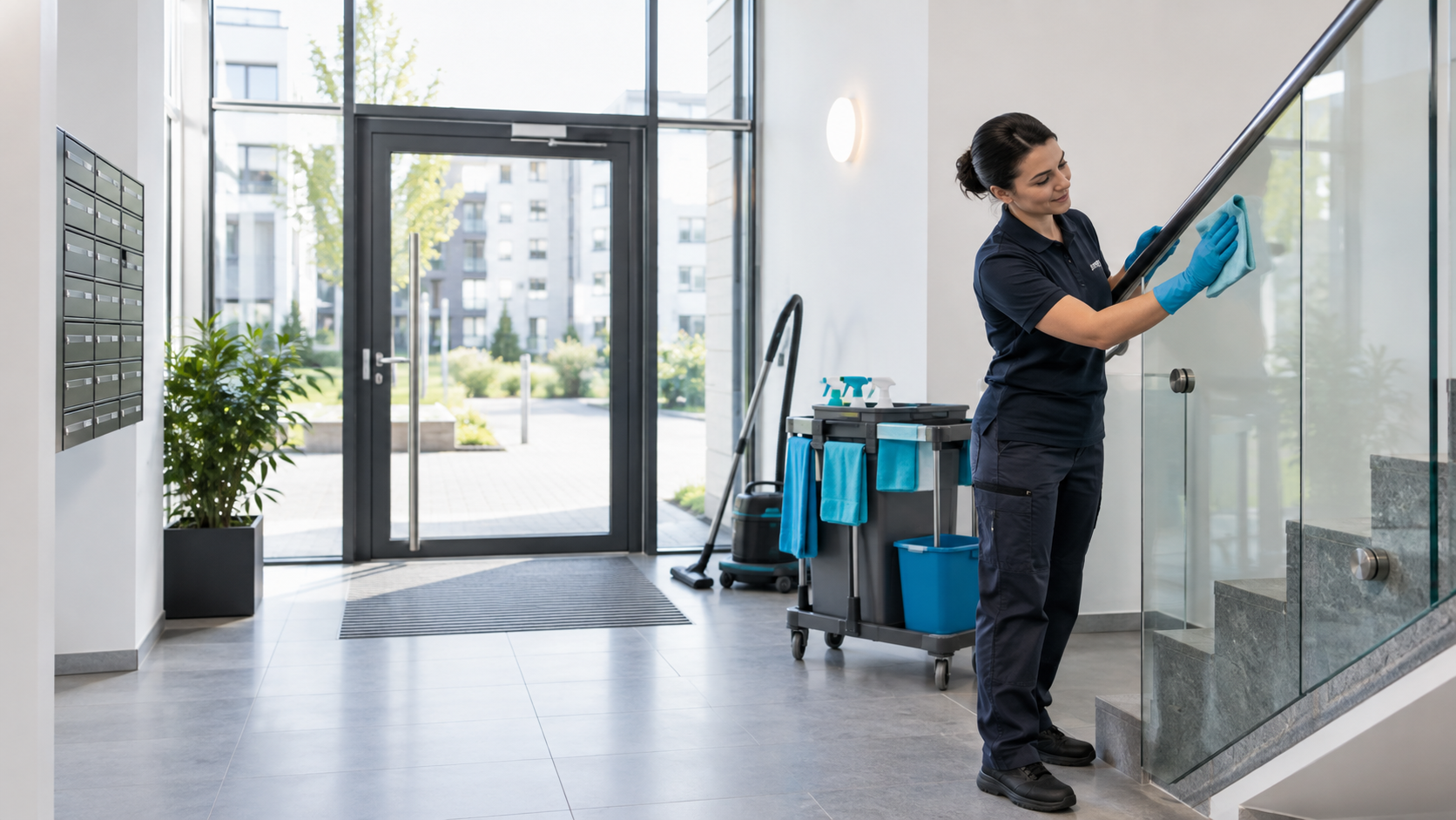 Professionelle Reinigung eines hellen Treppenhauses